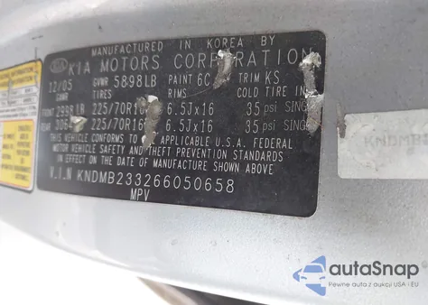 2006 Kia Sedona Ex/Lx z USA, uszkodzony, nr VIN KNDMB233266050658